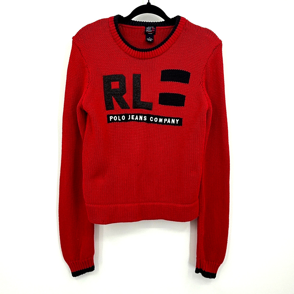 Vintage Ralph Lauren‎ Polo Jeans Company Womens Sweater M Red Logo Prep Academia
